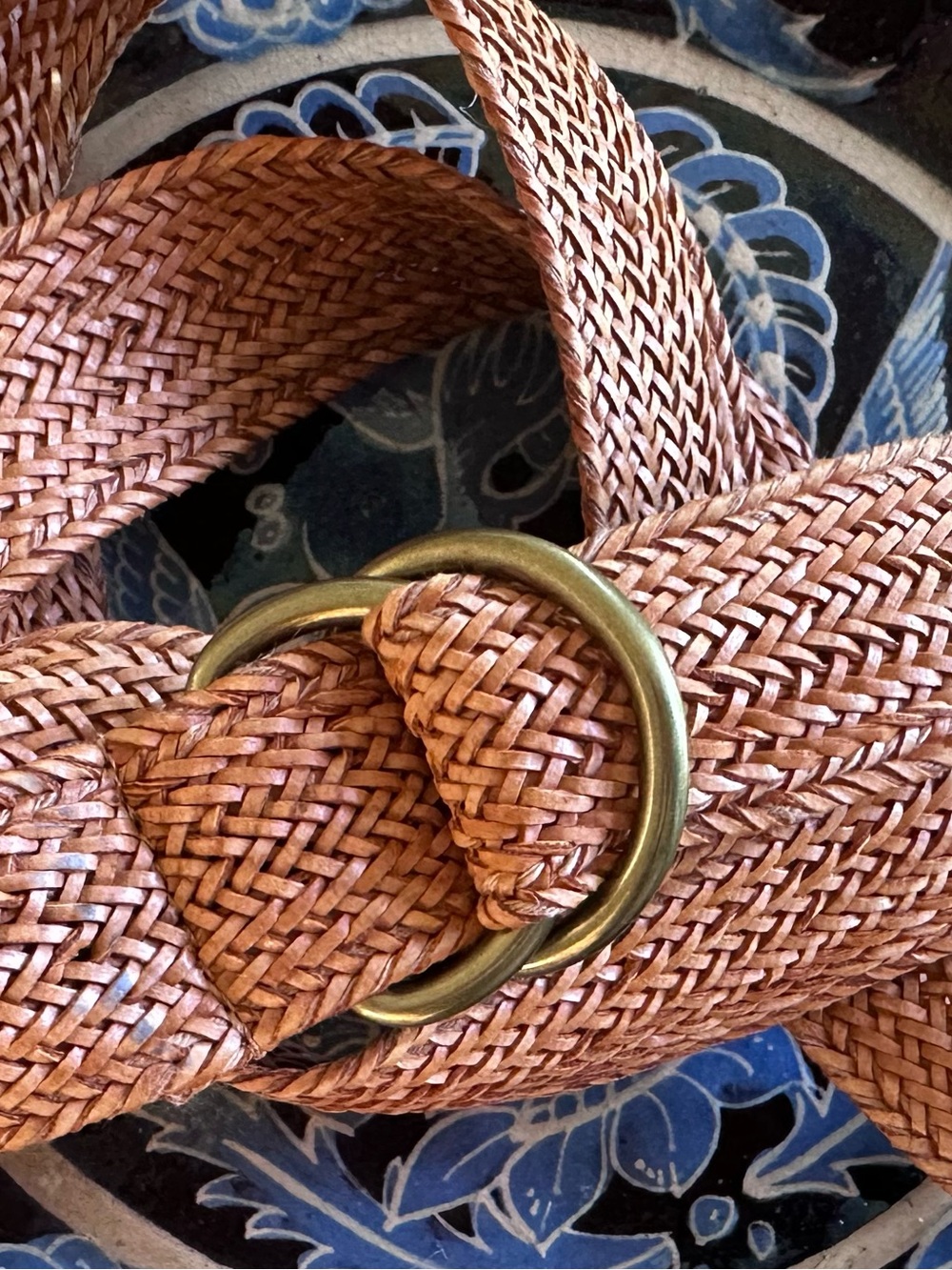 J McLAUGHLIN mens XL fine woven LEATHER D-Ring BELT Brown Classic Preppy